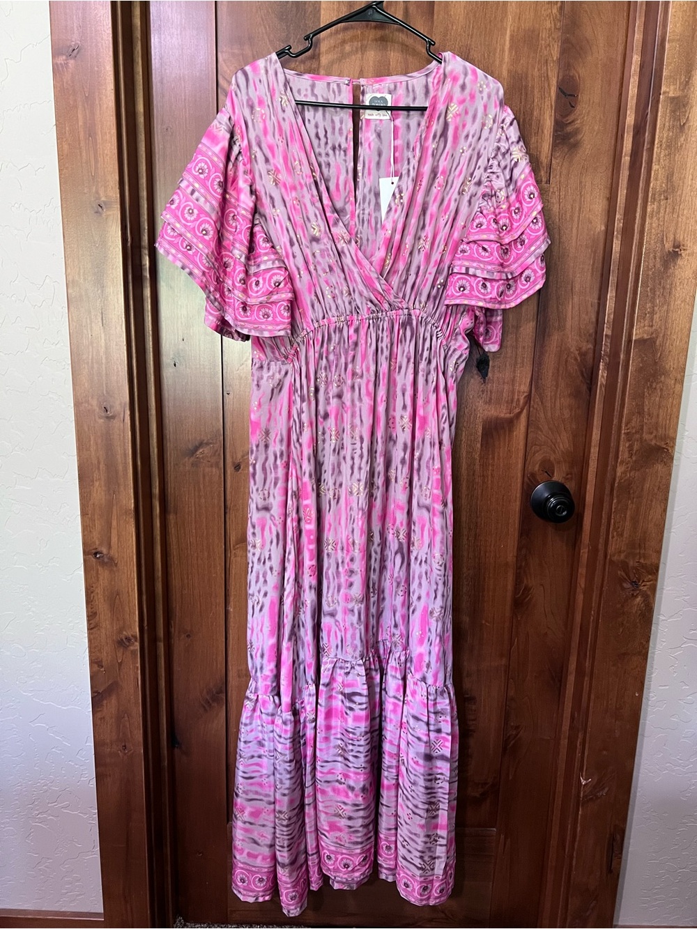 Boho Pink Silk Patterned V-Neck Tiered Maxi Dress Fluttered Sleeves